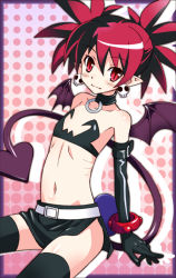 Rule 34 | 1girl, bad id, bad pixiv id, bat wings, belt, black gloves, choker, demon girl, demon tail, disgaea, earrings, elbow gloves, etna (disgaea), flat chest, gloves, jewelry, midriff, navel, nyoro (nyoronyoro000), pointy ears, red eyes, red hair, skull, smile, solo, tail, thighhighs, twintails, wings