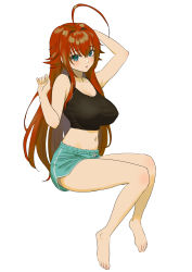 Rule 34 | 1girl, absurdres, ahoge, blue eyes, breasts, carlo montie, closed mouth, full body, hands up, high school dxd, highres, large breasts, long hair, looking at viewer, navel, red hair, rias gremory, shorts, simple background, sitting, solo, stomach, white background