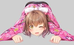 Rule 34 | 1girl, ;d, ashida machi, blush, bow, brown eyes, brown hair, fallen down, floral print, gurande (g-size), hair between eyes, hair bobbles, hair ornament, highres, japanese clothes, kimono, long sleeves, looking at viewer, one eye closed, open mouth, original, panties, panties under pantyhose, pantyhose, pink kimono, print kimono, sidelocks, smile, solo, two side up, underwear, white bow, white panties, wide sleeves, yukata