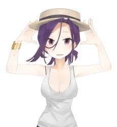 Rule 34 | 10s, 1girl, alternate hairstyle, bad id, bad pixiv id, bangle, bracelet, breasts, casual, cleavage, collarbone, hat, highres, jewelry, kantai collection, open mouth, purple eyes, purple hair, simple background, solo, sweat, tank top, tatsuta (kancolle), upper body, white background, yamamo