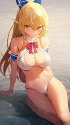 Rule 34 | 1girl, absurdres, bare shoulders, bikini, blonde hair, bow, bowtie, breasts, closed mouth, dark-skinned female, dark elf, dark skin, elf, hair bow, high ponytail, highres, hololive, large breasts, long hair, looking at viewer, pointy ears, red bow, red bowtie, red eyes, shiranui flare, sitting, solo, somebody (leiking00), swimsuit, thighs, very long hair, virtual youtuber, water, wet, white bikini