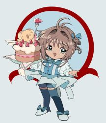 Rule 34 | 1girl, blue bow, blue footwear, bow, cake, cardcaptor sakura, chibi, child, edoya inuhachi, food, fruit, kero (cardcaptor sakura), kinomoto sakura, open mouth, strawberry