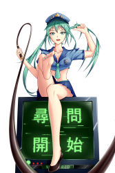 Rule 34 | 1girl, aqua hair, barefoot, blue eyes, blue hair, dominatrix, feet, foot focus, from below, twirling hair, hatsune miku, highres, leg lift, long hair, looking at viewer, matching hair/eyes, nail polish, open mouth, police, pov, shoes, unworn shoes, single shoe, sitting, skirt, soles, solo, text focus, toes, translated, twintails, vocaloid, whip