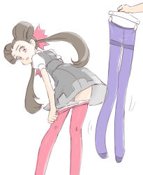 Rule 34 | 1girl, brown hair, clothes hanger, clothes pull, creatures (company), crotch seam, dress, game freak, grey dress, hair pulled back, hair ribbon, legs, long hair, looking back, nintendo, open mouth, panties, panty pull, pantyhose, pantyhose pull, pink pantyhose, pokemon, pokemon oras, purple pantyhose, red eyes, ribbon, roxanne (pokemon), shirt, short sleeves, simple background, solo, taking off panties, thighband pantyhose, twintails, u4 99384295, underwear, undressing