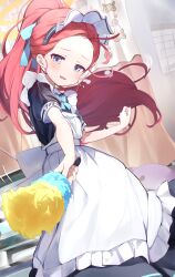 Rule 34 | 1girl, absurdres, blue archive, blue eyes, highres, indoors, long hair, maid, ponytail, red hair, short sleeves, smile, solo, yamada auto, yuzu (blue archive)