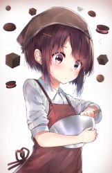 Rule 34 | 1girl, apron, brown eyes, brown hair, chocolate, commentary request, hair ornament, hairclip, headwear request, holding, mixing bowl, neku (neku draw), original, short hair, sleeves pushed up, solo, squiggle, sweatdrop, upper body, valentine