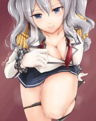 Rule 34 | 10s, 1girl, akatsuki akane, black panties, blue eyes, breasts, cleavage, epaulettes, gloves, highres, jacket, kantai collection, kashima (kancolle), kerchief, large breasts, miniskirt, panties, panty pull, pleated skirt, silver hair, skirt, smile, solo, twintails, twitter username, underwear, undressing, wavy hair, wet, white gloves