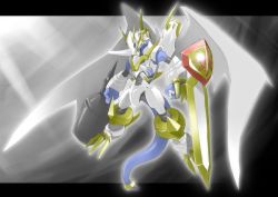 Rule 34 | armor, bad id, bad pixiv id, cannon, chicago-x, digimon, digimon (creature), dragon, fusion, horns, imperialdramon, imperialdramon paladin mode, letterboxed, monster, no humans, omegamon, single horn, sword, tail, weapon, wings