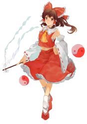 Rule 34 | 1girl, ascot, bare shoulders, bow, brown hair, closed mouth, commentary, detached sleeves, frilled bow, frilled shirt collar, frills, full body, gohei, hair bow, hair tubes, hakurei reimu, hand on own hip, highres, holding, long sleeves, looking at viewer, medium hair, midriff, navel, nontraditional miko, orb, petticoat, red bow, red eyes, red footwear, red shirt, red skirt, ribbon-trimmed sleeves, ribbon trim, sarashi, shidaccc, shirt, shoes, simple background, skirt, skirt set, solo, standing, touhou, white background, white legwear, wide sleeves, yellow ascot, yin yang, yin yang orb