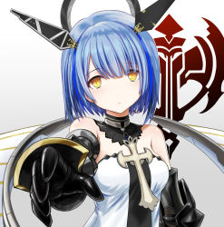 Rule 34 | azur lane, bare shoulders, blue hair, breasts, crest, cross, detached collar, dress, gascogne (azur lane), gloves, hair ornament, halo, highres, looking at viewer, mechanical halo, mechanical hands, short hair, simple background, solo, symbol-shaped pupils, tokisaka ena, white background, white dress, yellow eyes