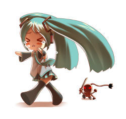 Rule 34 | &gt; &lt;, 1girl, aqua hair, bad id, bad pixiv id, black footwear, black skirt, blush, boots, chibi, closed eyes, crossover, crying, detached sleeves, full body, glowing, glowing eyes, green hair, green necktie, hatsune miku, kiteretsu daihyakka, korosuke, long hair, miniskirt, necktie, outstretched arms, red eyes, skirt, solo, tears, terumii, thigh boots, thighhighs, triangle mouth, twintails, vest, vocaloid