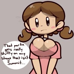 Rule 34 | 1girl, areola slip, black eyes, blush, breasts, brown hair, cleavage, flying sweatdrops, grey background, ice climber, large breasts, long hair, looking at viewer, low twintails, nana (ice climber), nintendo, nipples, pink shirt, shirt, short sleeves, standing, super smash bros., sweat, twintails, upper body, vilepluff