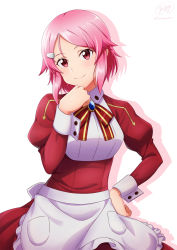 Rule 34 | 1girl, apron, bow, bowtie, closed mouth, freckles, hair ornament, hairclip, hand on own hip, highres, ken-ji, lisbeth (sao), long sleeves, looking at viewer, parted bangs, pink hair, red bow, red bowtie, red eyes, red skirt, red sleeves, shadow, shirt, short hair, simple background, skirt, smile, solo, sword art online, twitter username, waist apron, white apron, white background, white shirt