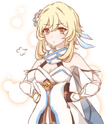 Rule 34 | 1girl, ameneko kuro, bare shoulders, blonde hair, breasts, capelet, cleavage, dress, feather hair ornament, feathers, flower, gauntlets, genshin impact, hair between eyes, hair flower, hair ornament, highres, looking at viewer, lumine (genshin impact), pouty lips, upper body, white dress, yellow eyes