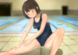 Rule 34 | breasts, brown hair, camonome, medium breasts, one-piece swimsuit, original, pool, poolside, school swimsuit, short hair, stretching, swimsuit