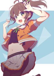 Rule 34 | 1girl, :d, absurdres, ahoge, arm up, black camisole, black pantyhose, blush, brown hair, camisole, commentary request, cropped jacket, green eyes, groin, hair between eyes, hand up, highres, hololive, jacket, looking at viewer, natsuiro matsuri, natsuiro matsuri (1st costume), navel, off-shoulder jacket, off shoulder, okota mikan, open mouth, orange jacket, pantyhose, pleated skirt, puffy short sleeves, puffy sleeves, short sleeves, side ponytail, skirt, smile, solo, virtual youtuber, white skirt