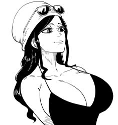 Rule 34 | 1girl, absurdres, bb (baalbuddy), breasts, cleavage, dress, dressrosa, eyewear on head, hat, highres, huge breasts, large breasts, lips, long hair, looking to the side, monochrome, nico robin, no bra, one piece, simple background, smile, sunglasses, sunglasses on head, upper body, white background