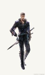 Rule 34 | 1boy, cidolfus telamon, copyright notice, cross-laced clothes, cross-laced top, facial hair, final fantasy, final fantasy xvi, full body, highres, looking at viewer, official art, open collar, simple background, solo, square enix, standing, stubble, takahashi kazuya