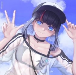 Rule 34 | 1girl, bare shoulders, baseball cap, bikini, bikini under clothes, black bikini, black hair, blue eyes, blue sky, blush, breasts, choker, collarbone, fate/grand order, fate (series), hat, highres, looking at viewer, low twintails, medium breasts, medium hair, multicolored hair, off-shoulder shirt, off shoulder, pink hair, rozenoroze, see-through, shirt, short sleeves, short twintails, sidelocks, sky, smile, solo, streaked hair, swimsuit, twintails, utsumi erice, utsumi erice (swimsuit avenger), utsumi erice (swimsuit avenger) (first ascension), white hat, white shirt