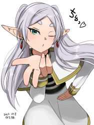 Rule 34 | 1girl, blowing kiss, capelet, commentary request, dated, dress, earrings, elf, frieren, green eyes, hamukiyo, hand on own hip, highres, jewelry, leaning forward, long hair, long sleeves, looking at viewer, outstretched hand, partial commentary, pointy ears, simple background, solo, sousou no frieren, twintails, white capelet, white dress, white hair