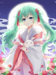 Rule 34 | 1girl, absurdres, ahoge, bad id, bad pixiv id, blue eyes, rabbit, chuor (chuochuoi), chuushuu meigetsu miku, flower, green hair, hair ornament, hatsune miku, highres, holding, japanese clothes, jewelry, kimono, long hair, moon, outdoors, petals, red flower, ring, see-through, solo, twintails, vocaloid