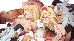 Rule 34 | 2girls, absurdres, blonde hair, commentary, cum, cum in womb, djeeta (granblue fantasy), dragon horns, drooling, english commentary, face grab, facial, fediel (granblue fantasy), futa with female, futanari, granblue fantasy, headband, highres, horns, licking another&#039;s neck, multiple girls, nipples, penguru 086, penis, penis grab, saliva, silver hair, smile, sweat, tears, tongue, tongue out