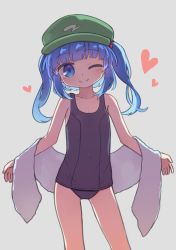 Rule 34 | 1girl, ;), bare shoulders, blue eyes, blue hair, blue one-piece swimsuit, blush, closed mouth, collarbone, covered navel, flat cap, green hat, grey background, hair bobbles, hair ornament, hat, heart, highres, kawashiro nitori, kibisake, old school swimsuit, one-piece swimsuit, one eye closed, school swimsuit, simple background, smile, solo, standing, swimsuit, touhou, towel, two side up