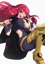 Rule 34 | 1girl, abs, absurdres, bodysuit, boots, breasts, cleavage, clothing cutout, covered navel, dagger, fire emblem, fire emblem engage, gold footwear, gonzarez, hair ornament, highres, holding, holding dagger, holding knife, holding weapon, knife, large breasts, long hair, nintendo, one eye closed, open mouth, red eyes, red hair, side cutout, smile, solo, star (symbol), star hair ornament, teeth, upper teeth only, weapon, yunaka (fire emblem)