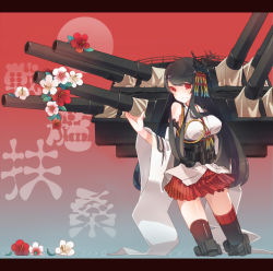 Rule 34 | 10s, 1girl, bare shoulders, black hair, blouse, breasts, cannon, detached sleeves, flower, fusou (kancolle), hair ornament, highres, japanese clothes, kantai collection, kneeling, large breasts, long hair, nontraditional miko, obi, pannakottai, red eyes, sash, shirt, skirt, smile, solo, turret, water