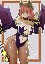 Rule 34 | 1girl, absurdres, breasts, demon, demon girl, highres, horns, jewelry, la pucelle, large breasts, leotard, maou prier, necklace, open mouth, pantyhose, pink eyes, pink hair, pointy ears, prier, simple background, solo, wings