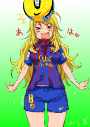 Rule 34 | &gt; &lt;, 1girl, 2011, ahoge, ball, blonde hair, breasts, dated, closed eyes, fang, fc barcelona, green eyes, hoshii miki, idolmaster, idolmaster (classic), inoue sora, long hair, medium breasts, navel, open mouth, soccer, soccer ball, soccer uniform, solo, sportswear, wrists extended