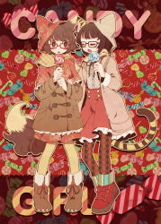 Rule 34 | 2girls, animal ears, animal hood, argyle, argyle clothes, argyle legwear, blush, boots, brown hair, candy, capelet, cat hood, chachi (azuzu), closed eyes, fang, female focus, food, glasses, hood, jacket, locked arms, lollipop, multiple girls, open mouth, original, pantyhose, patterned legwear, scarf, shared clothes, shared scarf, short hair, tail, tiger ears, tiger tail, tongue, wolf ears, wolf tail
