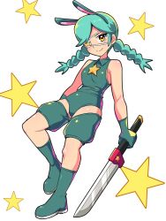Rule 34 | 1girl, alternate costume, annie (skullgirls), boots, braid, cougar (cougar1404), eyepatch, full body, gloves, green hair, holding, holding sword, holding weapon, leotard, rabbit ears, skullgirls, smile, solo, star (symbol), sword, twin braids, weapon, white background, yellow eyes