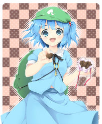 Rule 34 | 1girl, :d, backpack, bag, blue eyes, blue hair, blush, candy, chocolate, chocolate heart, female focus, food, hair bobbles, hair ornament, hat, heart, highres, kawashiro nitori, key, matching hair/eyes, open mouth, ribbon, short hair, short twintails, skirt, skirt set, smile, solo, takoyaki1116, takoyaki (takoyaki-batake), touhou, twintails, two side up