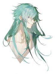 Rule 34 | 1boy, alannoran, aqua hair, aquarius degel, closed mouth, collarbone, frown, green hair, hair flowing over, highres, long hair, looking afar, looking to the side, male focus, mullet, pectoral cleavage, pectorals, portrait, purple eyes, robe, saint seiya, saint seiya: the lost canvas, sidelocks, simple background, sketch, solo, v-neck, white background