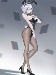Rule 34 | 1girl, 2b (nier:automata), alternate costume, animal ears, bare shoulders, black bow, black bowtie, black footwear, black leotard, blue eyes, bow, bowtie, breasts, chromatic aberration, closed mouth, commentary, curvy, detached collar, fake animal ears, fake tail, full body, grey hair, hair between eyes, high heels, highleg, highleg leotard, large breasts, leotard, looking at viewer, neo (neorarty3), nier:automata, nier (series), pantyhose, playboy bunny, rabbit ears, rabbit tail, red lips, shiny skin, short hair, solo, standing, strapless, strapless leotard, tail, wide hips, wrist cuffs
