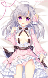 Rule 34 | 1girl, :d, ahoge, ameto yuki, artist name, bed sheet, bow, breasts, breasts out, commentary request, copyright request, dress, flower, frilled dress, frills, gluteal fold, grey eyes, grey hair, hair between eyes, hair bow, heart, long hair, long sleeves, looking at viewer, lying, medium breasts, on back, open clothes, open mouth, open shirt, panties, pink bow, pink dress, pink flower, pink panties, purple eyes, shirt, side-tie panties, sleeves past wrists, smile, solo, underwear, white shirt, wide sleeves, yellow flower