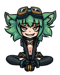 Rule 34 | 1girl, absurdres, animal ear fluff, animal ears, blush, blush stickers, center opening, chibi, female focus, full body, goggles, goggles on head, green hair, gremlin (monster girl encyclopedia), grin, highres, looking at viewer, monorus, monster girl encyclopedia, short hair, simple background, sitting, smile, solo, thighhighs, v arms, white background, yellow eyes