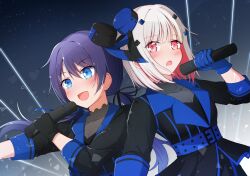 Rule 34 | 2girls, awoke (love live!), belt, black jacket, black ribbon, black shirt, blue background, blue belt, blue eyes, blue gloves, blue hair, blue jacket, blue ribbon, blush, bob cut, breasts, check commentary, chitose tose, cleavage, colored inner hair, commentary request, dark blue hair, diamond hair ornament, dollchestra, gloves, gradient background, hair ribbon, hat, highres, holding, holding microphone, inverted bob, jacket, light particles, link! like! love live!, long hair, looking ahead, looking at viewer, love live!, low twintails, microphone, mini hat, multicolored clothes, multicolored hair, multicolored jacket, multiple girls, murano sayaka, red eyes, red hair, ribbon, see-through, see-through cleavage, shirt, short hair, streaked hair, striped clothes, striped jacket, sweat, twintails, two-sided fabric, two-sided jacket, two-tone hat, two-tone jacket, vertical-striped clothes, vertical-striped jacket, white background, white hair, yugiri tsuzuri