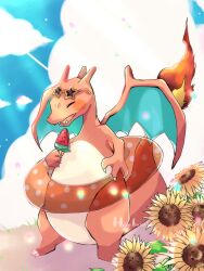 Rule 34 | animal focus, artist name, blue sky, charizard, closed eyes, cloud, commentary request, creatures (company), dragon wings, fangs, fire, flower, food, game freak, gen 1 pokemon, hanabusaoekaki, highres, holding, holding food, holding popsicle, nintendo, no humans, open mouth, pokemon, pokemon (creature), popsicle, sky, sunflower, tail, wings
