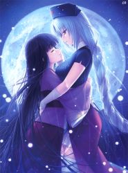 Rule 34 | 2girls, black hair, blue eyes, female focus, full moon, hat, houraisan kaguya, moon, multiple girls, night, nurse cap, sayori (neko works), silver hair, touhou, yagokoro eirin, yuri