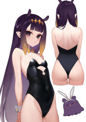 Rule 34 | 1girl, absurdres, animal ears, ass, backless leotard, black leotard, blue eyes, blush, bow, bowtie, closed mouth, cowboy shot, detached collar, diamond hairband, fake animal ears, flat chest, frown, gradient hair, headpiece, highres, hololive, hololive english, holomyth, leotard, long hair, looking to the side, mole, mole under eye, multicolored hair, multiple views, ninomae ina&#039;nis, orange hair, playboy bunny, pointy ears, purple hair, rabbit ears, simple background, smilesmile1312, strapless, takodachi (ninomae ina&#039;nis), tentacle hair, very long hair, virtual youtuber, wrist cuffs, yellow bow, yellow bowtie