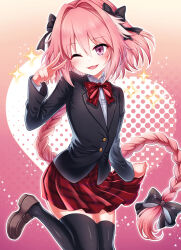 Rule 34 | 1boy, ;d, androgynous, astolfo (fate), black bow, black jacket, black thighhighs, bow, bowtie, braid, braided ponytail, collared shirt, commission, crossdressing, dress shirt, fang, fate/apocrypha, fate (series), floating hair, hair bow, hairband, highres, jacket, leg up, long hair, long sleeves, miniskirt, one eye closed, open mouth, pink background, pink eyes, pink hair, pixiv commission, plaid, plaid skirt, pleated skirt, red bow, red bowtie, red skirt, school uniform, shell ocean, shirt, single braid, skin fang, skirt, smile, solo, standing, standing on one leg, thighhighs, trap, v, very long hair, white shirt, wing collar, zettai ryouiki
