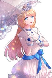 Rule 34 | 1girl, :d, blue bow, blue eyes, blue flower, bow, breasts, cleavage, commission, crown, dress, flower, gloves, holding, holding umbrella, hsmoji, jewelry, long hair, open mouth, original, parasol, small breasts, smile, solo, standing, umbrella, very long hair, white background, white dress, white gloves