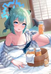 Rule 34 | 1girl, absurdres, animal ears, bad anatomy, bath yukata, blue archive, blue halo, blush, breasts, green hair, halo, highres, japanese clothes, kimono, medium breasts, official alternate costume, open mouth, purple eyes, revision, shigure (blue archive), shigure (hot spring) (blue archive), short hair, shouji, sliding doors, solo, tail, weasel ears, weasel tail, xary, yukata