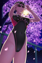 Rule 34 | 1girl, black hair, brown eyes, chain-link fence, cherry blossoms, competition swimsuit, covered erect nipples, fence, from below, goggles, highleg, highleg swimsuit, kuri (kurigohan), mizuno (brand), moon, night, night sky, one-piece swimsuit, original, outdoors, petals, shiny clothes, skin tight, sky, solo, swim cap, swimsuit, thighs, tree