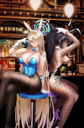 Rule 34 | 2girls, absurdres, animal ears, ass, asuna (blue archive), asuna (bunny) (blue archive), black hair, black leotard, black pantyhose, blue archive, blue bow, blue bowtie, blue eyes, blue halo, blue leotard, blush, bow, bowtie, breasts, cleavage, crossed legs, curvy, dark-skinned female, dark skin, detached collar, fake animal ears, fake tail, fishnet pantyhose, fishnets, gloves, grin, hair over one eye, halo, high ponytail, highleg, highleg leotard, highres, huge ass, karin (blue archive), karin (bunny) (blue archive), large breasts, leotard, light brown hair, lips, long hair, looking at viewer, looking back, mole, mole on breast, multiple girls, official alternate costume, pantyhose, playboy bunny, ponytail, rabbit ears, rabbit tail, shiny skin, sitting, smile, ssb (nit8921), strapless, strapless leotard, tail, very long hair, white gloves, wide hips, yellow eyes