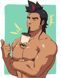Rule 34 | 1boy, abs, bara, between pectorals, black eyes, black hair, bubble tea, bubble tea challenge, cropped torso, drink, facial hair, large pectorals, looking at viewer, male focus, manly, meme, multicolored eyes, multicolored hair, muscular, nipples, object on pectorals, original, pectorals, red eyes, red hair, solo, streaked hair, thumbs up, upper body, zink (zink mchn)