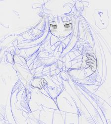 Rule 34 | 1girl, blush, bow, breasts, crescent, dress, female focus, hair bow, hat, hat ribbon, kasuga yukihito, large breasts, long hair, monochrome, nipples, no bra, panties, patchouli knowledge, ribbon, sketch, solo, striped, tears, torn clothes, torn dress, touhou, traditional media, underwear, vertical stripes