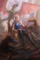 Rule 34 | 10s, 1girl, 2015, a song of ice and fire, armlet, bangle, bracelet, breasts, chain, cleavage, daenerys targaryen, dragon, dragon tail, dragon wings, drogon, highres, jewelry, crossed legs, long hair, purple eyes, rhaegal, richy truong, sharp teeth, signature, sitting, tail, teeth, throne, viserion, white hair, wings